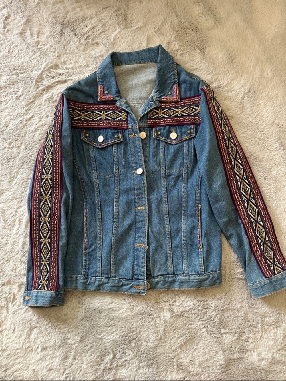 One of a kind vintage Embroidered Denim Jacket - Blue with Burgundy Trim